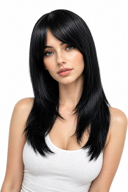 Peluca Jenna – Corte Degrafilado/Capas Con Fleco- Premium-Tono Negro Intenso
