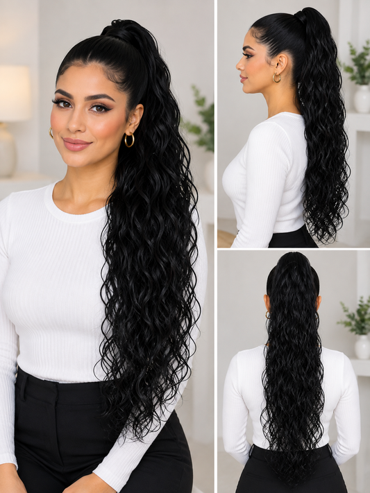 Coleta rizada color negro Intenso Premium con pinza
