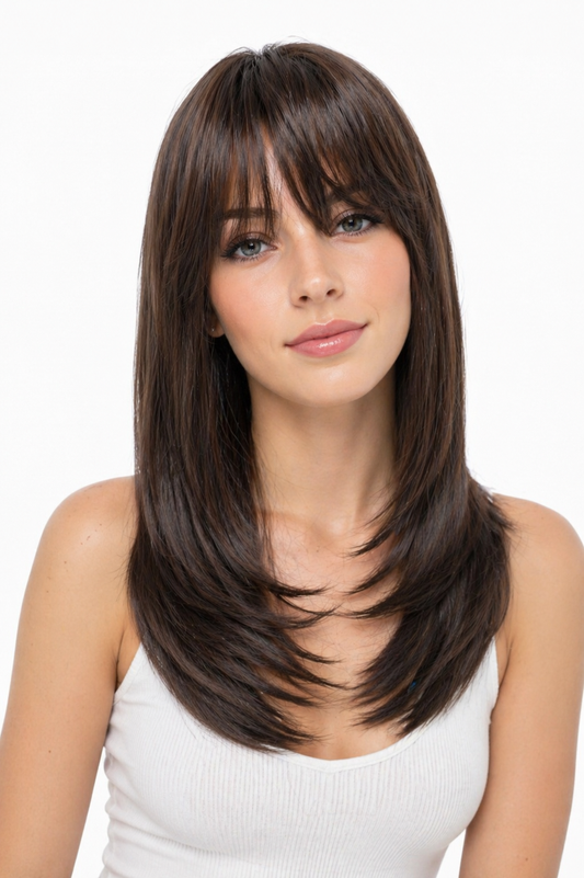 Peluca Jenna – Corte Degrafilado/Capas Con Fleco- Premium-Tono Castaño Medio