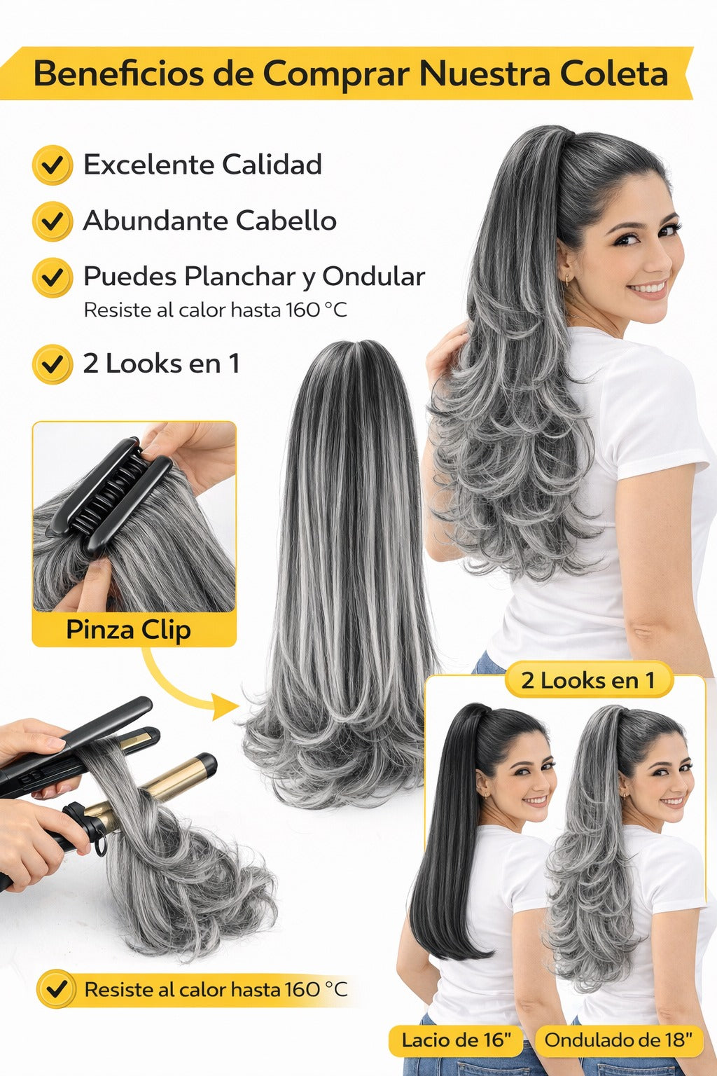 Coleta Amy Lacia y ondulada - de 16" y 18" 2 looks en 1 - Tono gris efecto canas