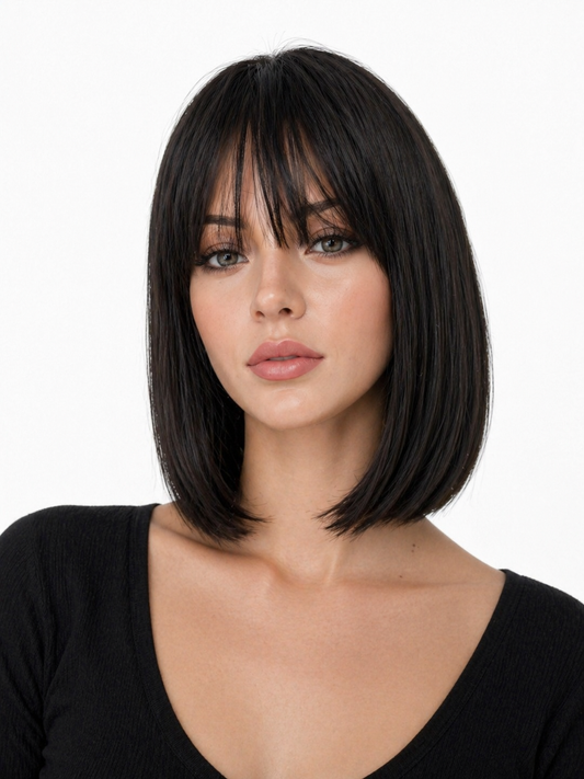 Peluca Teresa – Corte Bob Con Fleco- Premium-Tono Negro Intenso