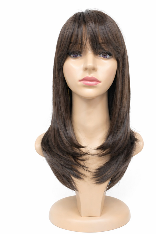 Peluca Jenna – Corte Degrafilado/Capas Con Fleco- Premium-Tono Castaño Medio